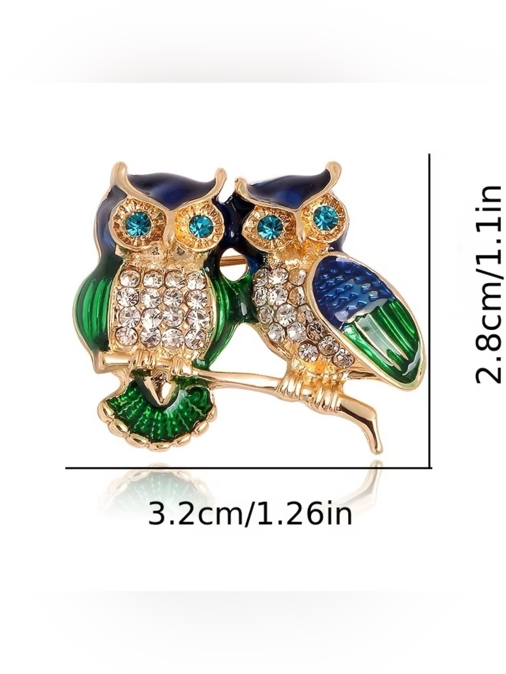 gold-tone owl couple brooch vibrant green blue enamel paired crystal rhinestones - Picture 2 of 6